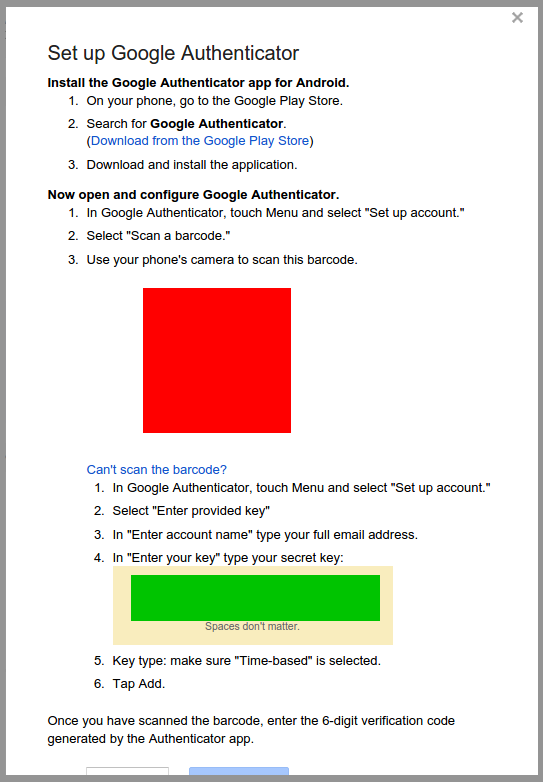 Google 2-factor auth setup